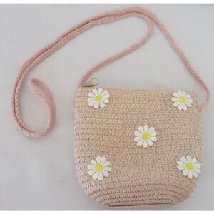 Woven Straw Crossbody Purse NWT Girls Mini Daisy Zipper Spring Easter Pink
